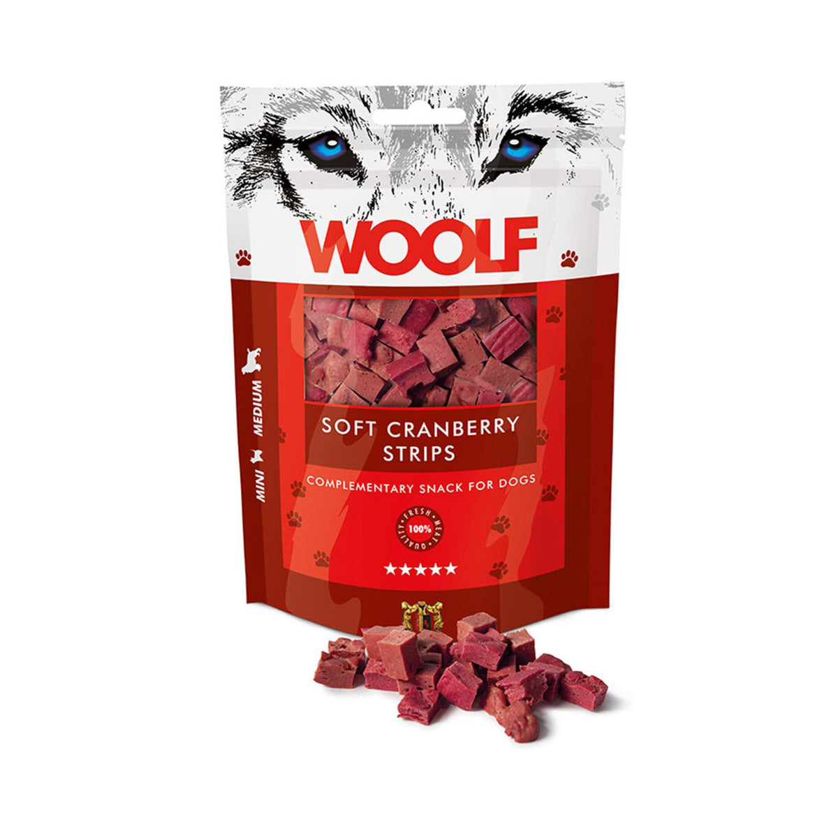 WOOLF Soft Cranberry Strips i 100 g pose til hunde