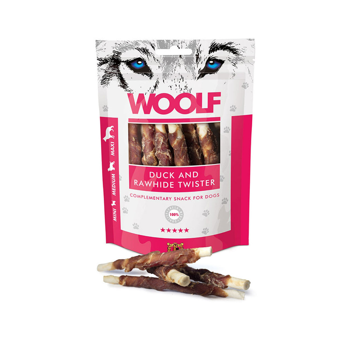 WOOLF Duck & Rawhide Twister i 100 g pose til hunde