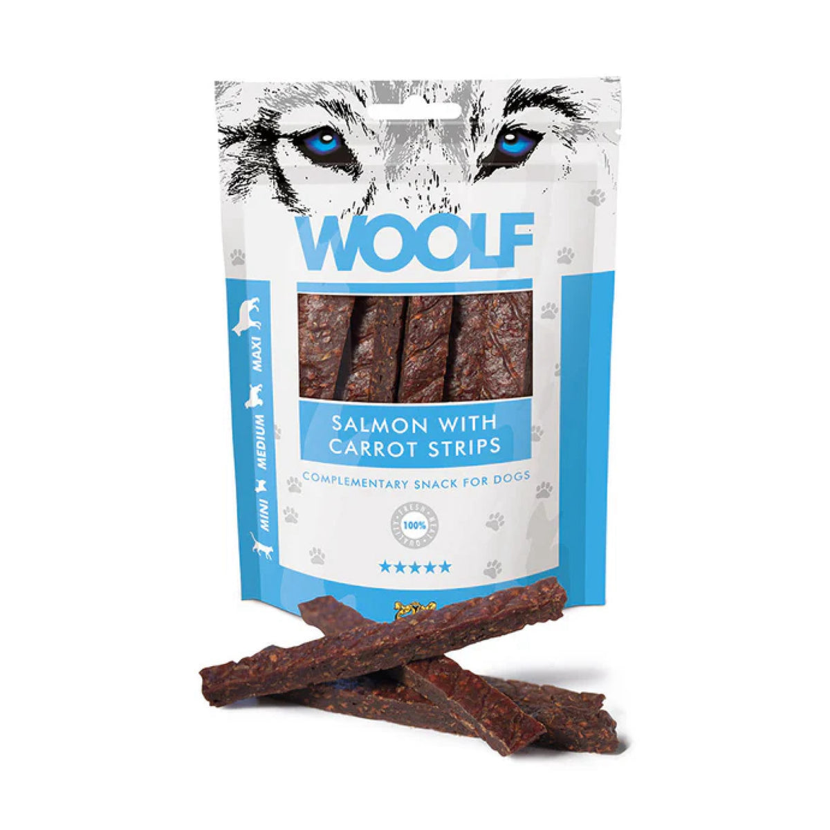 WOOLF Salmon & Carrot Strips i 100 g pose til hunde
