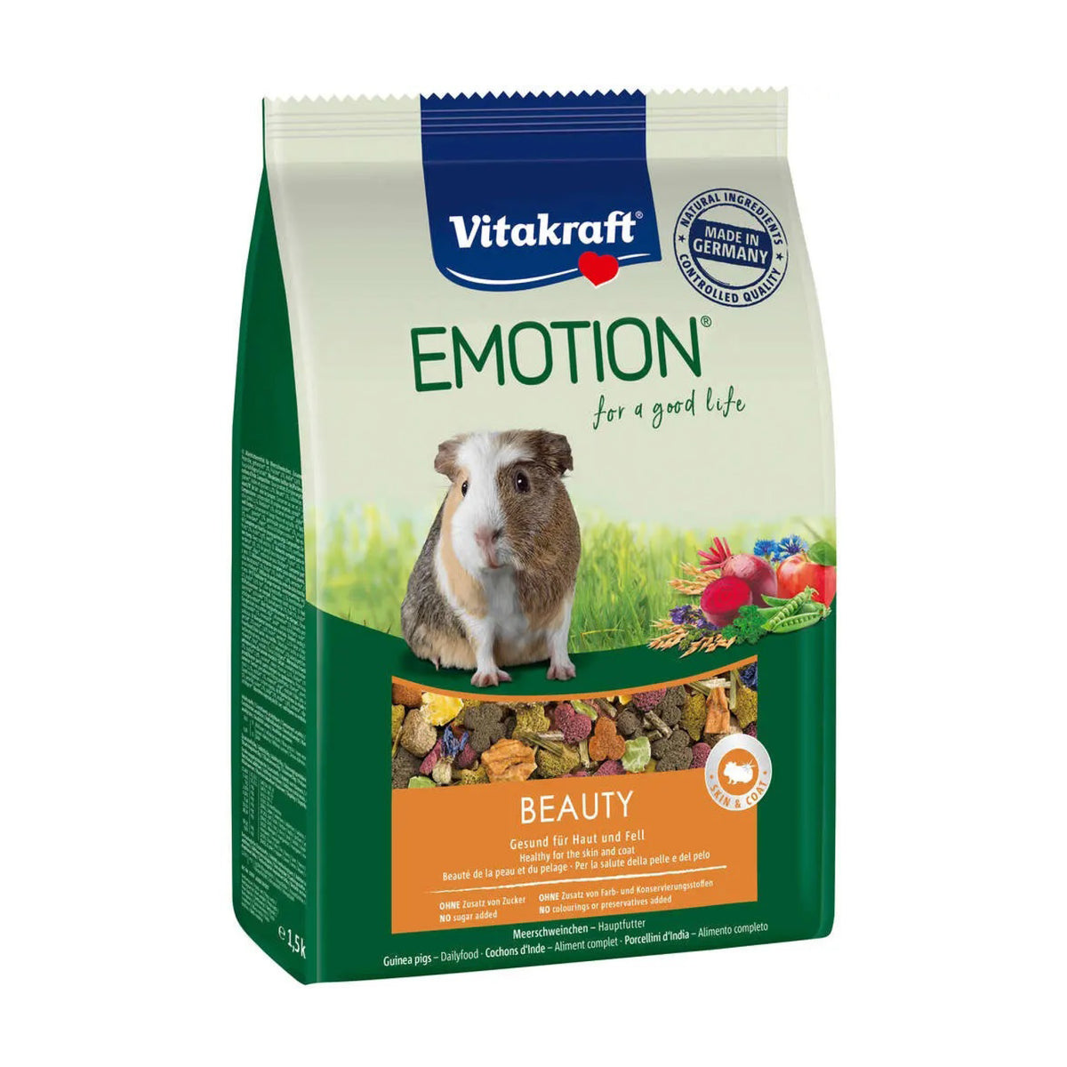 Vitakraft Emotion Beauty Adult Marsvinefoder i 1,5 kg pose til kaniner og gnavere fra Brogaarden