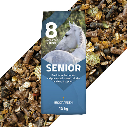 Optimal 8 Senior hestefoder i 15 kg sæk fra Brogaarden