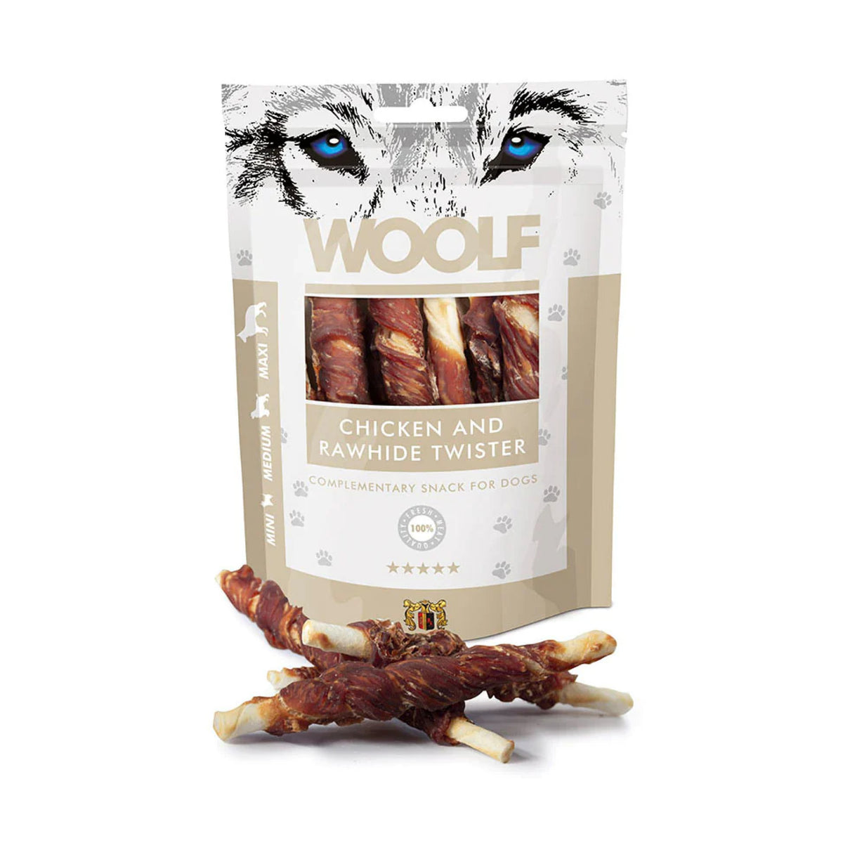 WOOLF Chicken & Rawhide Twister i 100 g pose til hunde