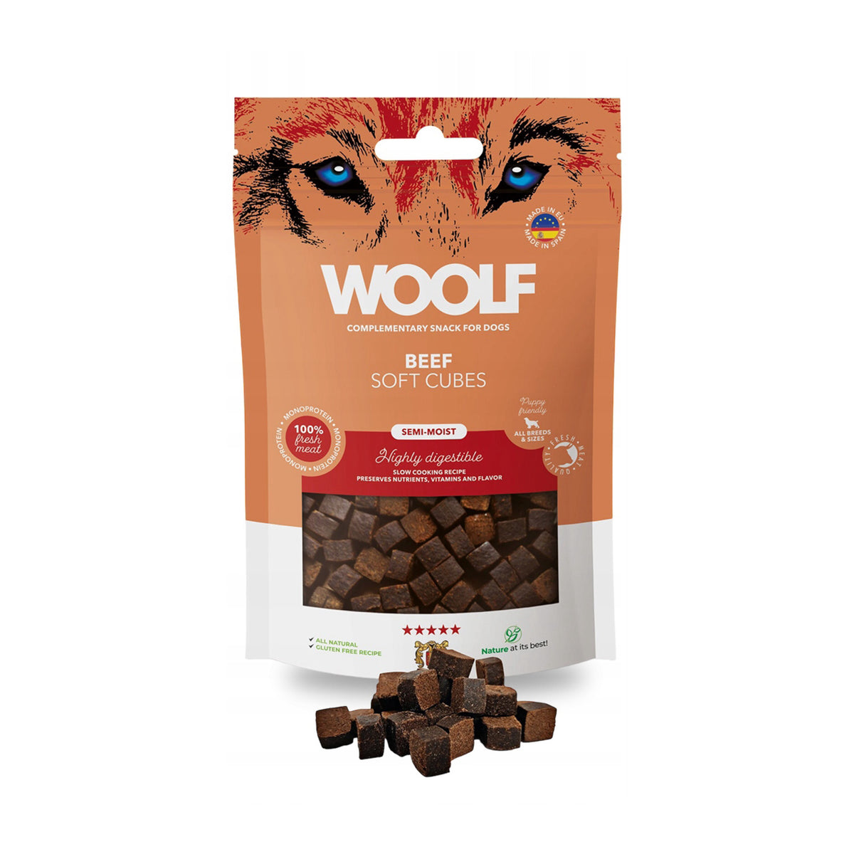 Woolf Soft Beef Cubes i 100 g pose til hunde