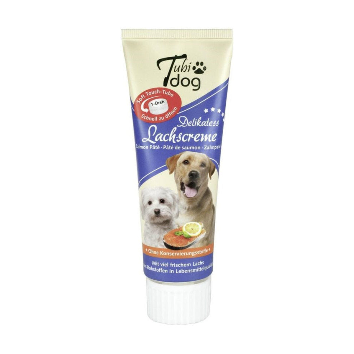 TubiDog Laksecreme i 75 g pose til hunde fra Whesco